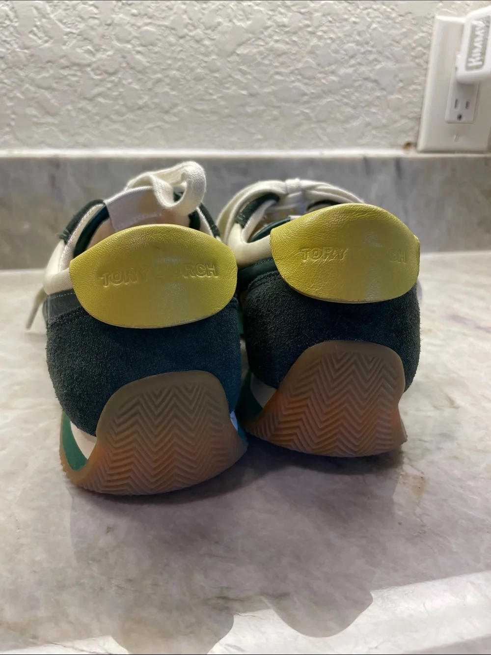 Tory Burch Green, White and Yellow Suede-Trim Lace-Up Sneakers